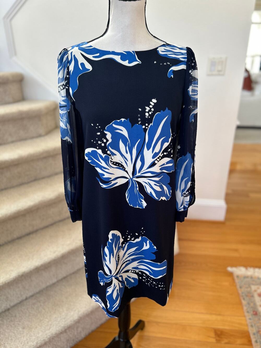 Marella Max Mara Navy Blue Tropical Floral Open Back Blouson Sleeve Shift Dress